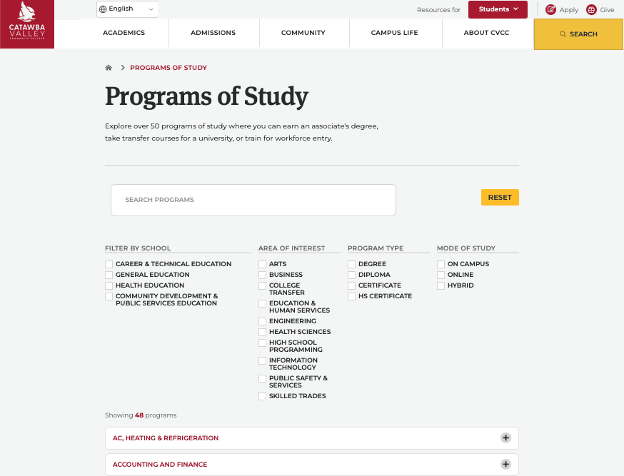 CVCC Programs Filter